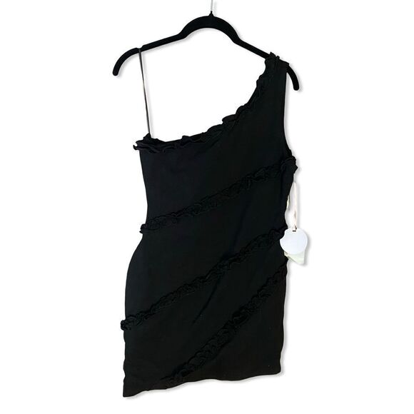 NWT MORE TO COME Camila One Shoulder Dress black mini ruffle trim Revolve M - Picture 4 of 12